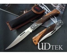 Carve Patterns Wood Handle Folding Knife Stainless Steel Knife with Nylon Sheath UDTEK01389
